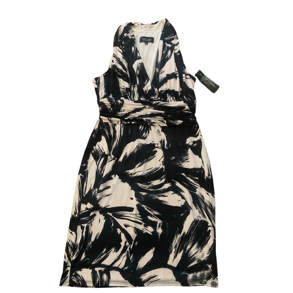Black Label by Evan-Picone Dress  16 Black‎ Ivory Abstract Print Modern Chic